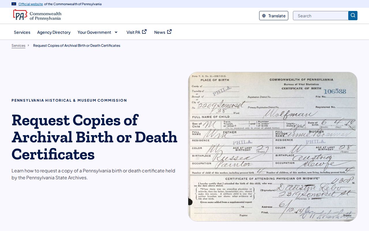 Northampton County resident lookup through Pennsylvania State Archives vital records