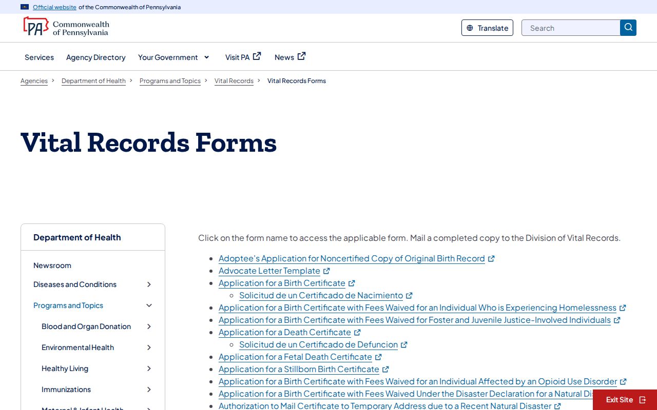 Northampton County resident lookup with Pennsylvania vital records forms